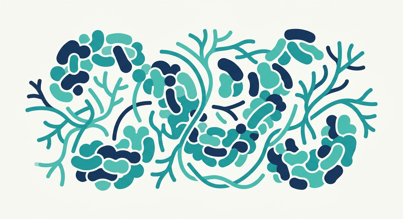 Diagram showing balanced gut flora — friendly bacteria interwoven with fiber strands.
