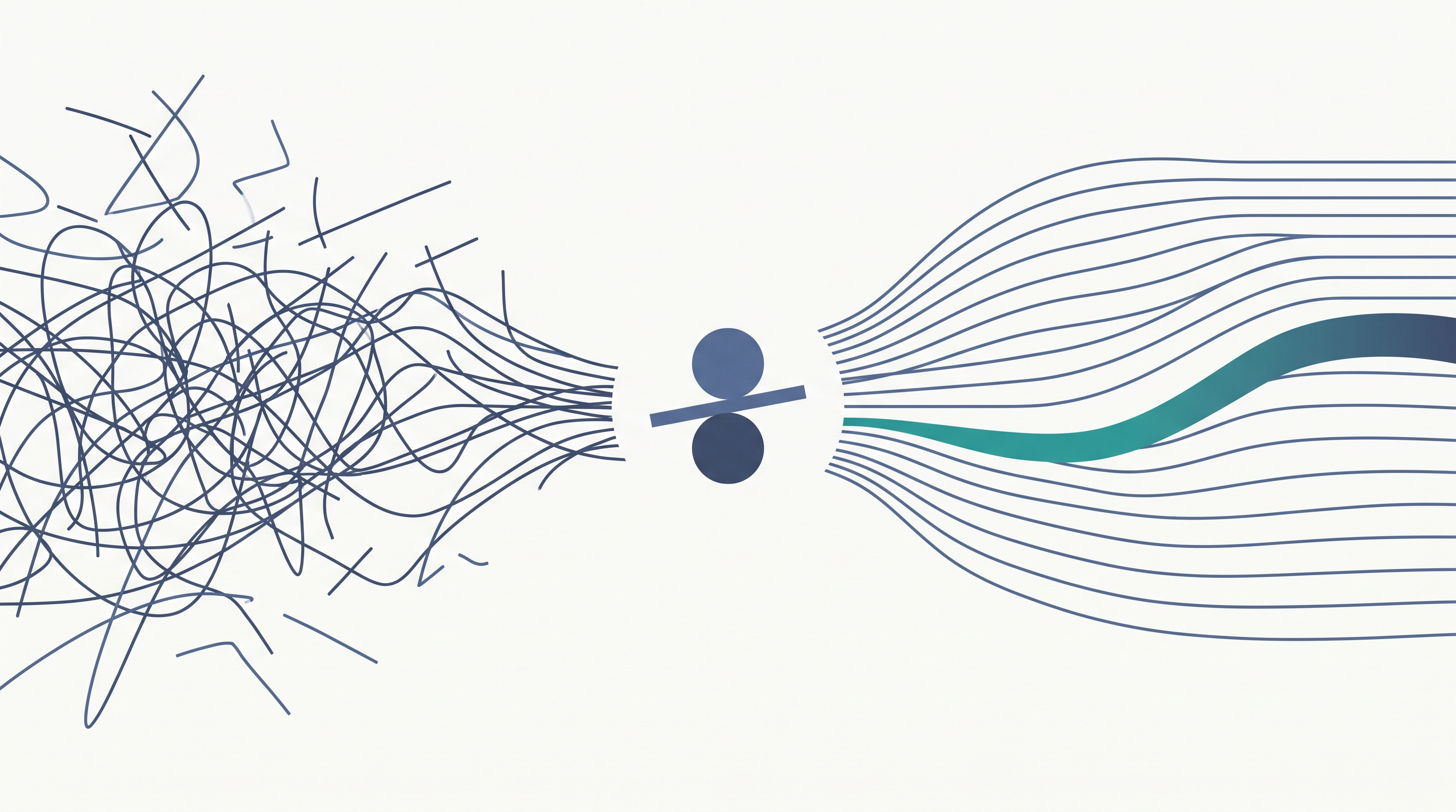 Abstract diagram of scattered, busy lines settling into calm, evenly spaced lines — everyday stress moving toward steady balance