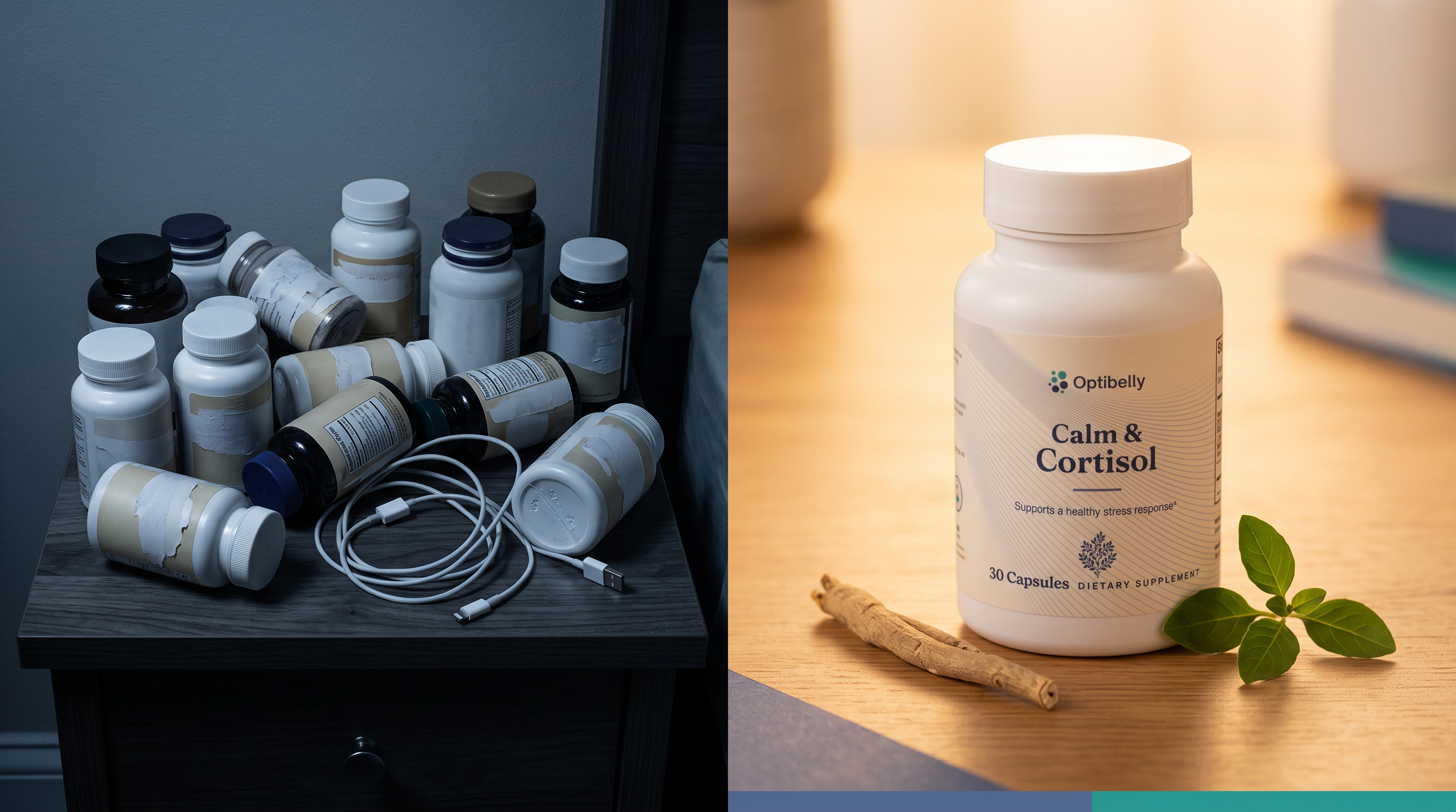 A cluttered, cold nightstand of many generic stress and sleep bottles versus one warmly lit OptiBelly Calm & Cortisol bottle — four adaptogens in one capsule