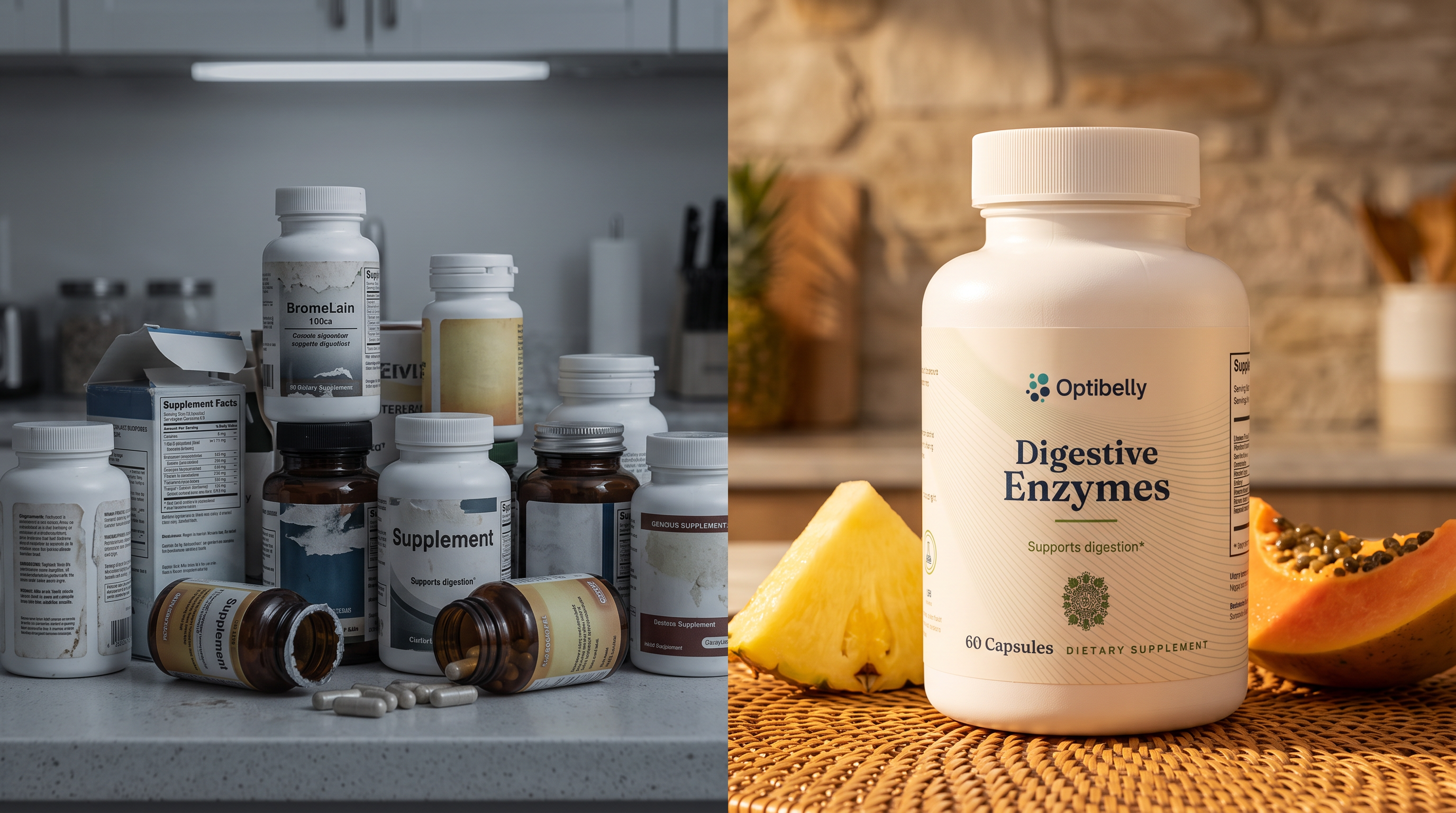 A cluttered pile of many food ingredients beside one OptiBelly Digestive Enzymes bottle