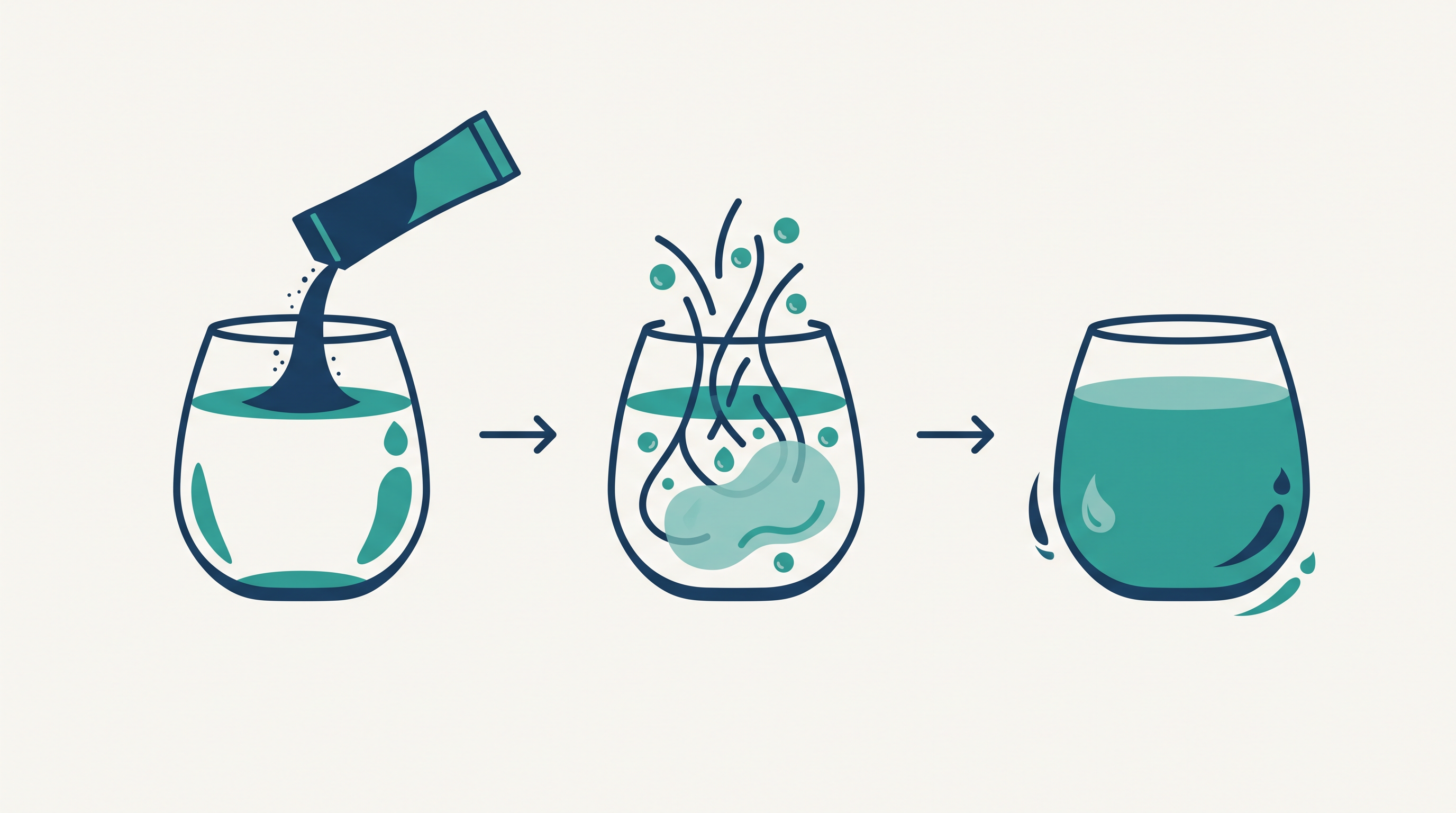 Diagram showing soluble psyllium fiber dissolving in water to form a gentle gel, in OptiBelly navy and teal