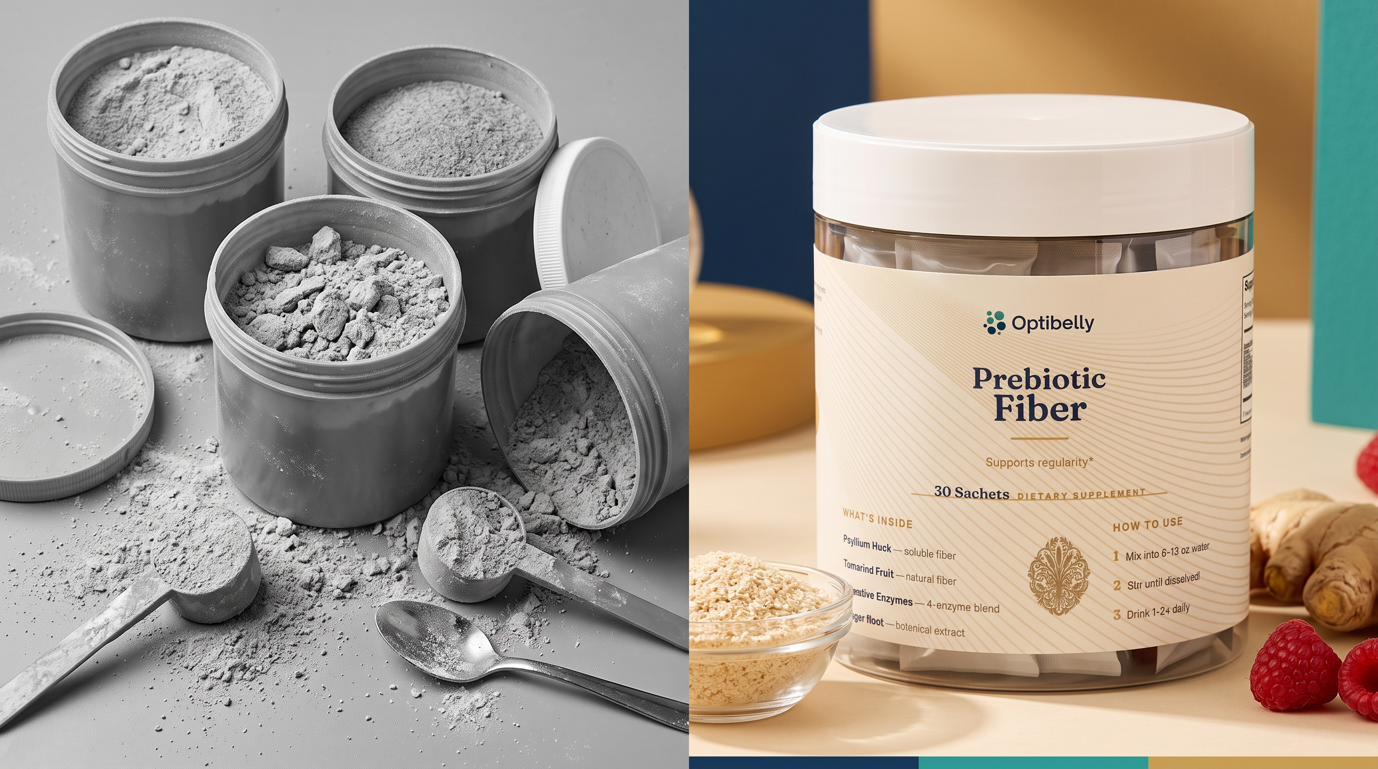 Several dull, clumpy tubs of fiber powder spilled on a cold grey surface versus one clean OptiBelly Prebiotic Fiber pack in warm light