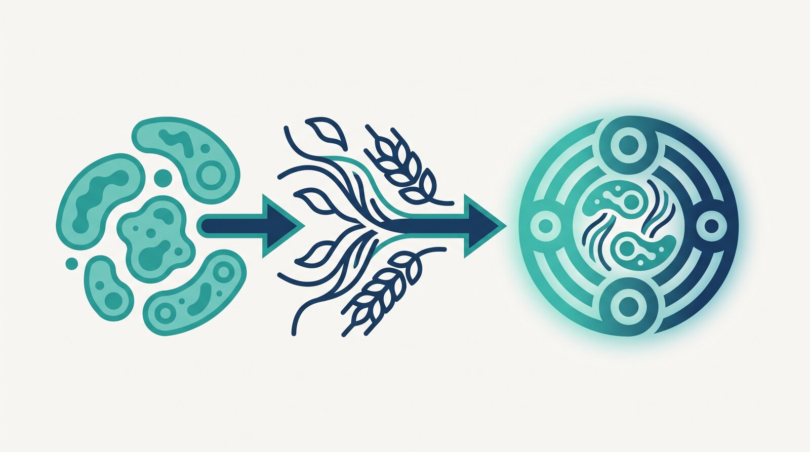 Diagram showing probiotics plus prebiotics combining into a synbiotic for gut microbiome balance