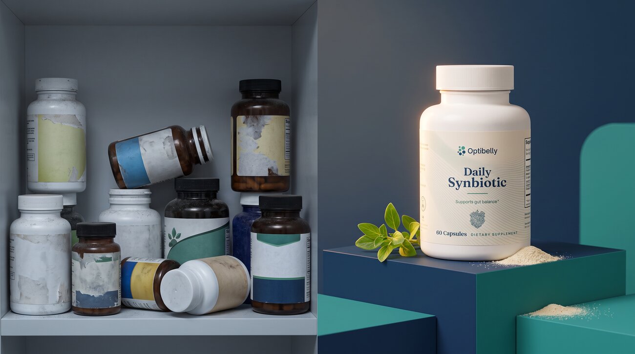 A cluttered shelf of many single supplement bottles versus one vibrant OptiBelly Daily Synbiotic bottle — probiotics and prebiotics in one